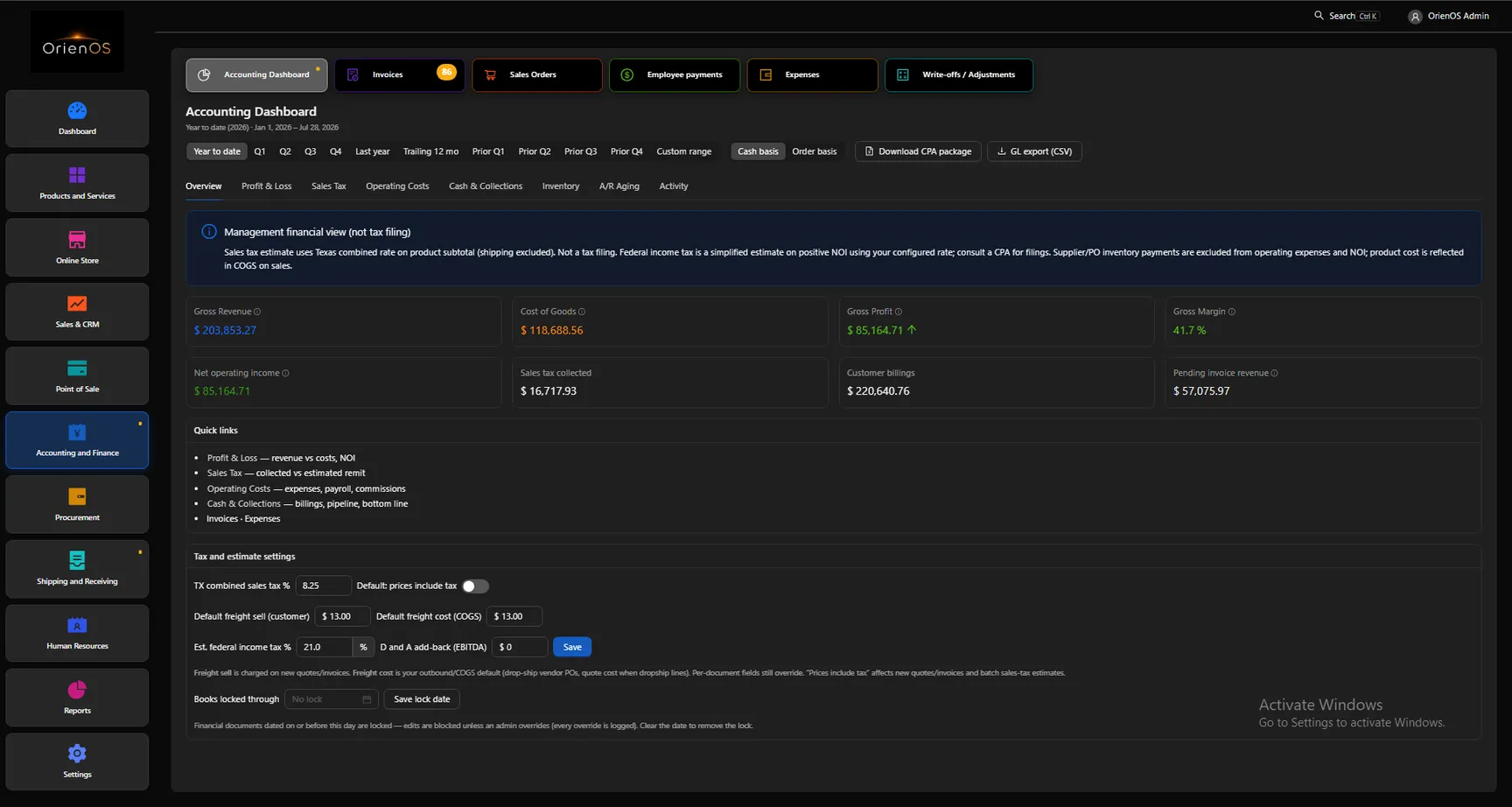 OrienOS accounting dashboard: gross revenue, COGS, margin and net operating income cards, with CPA package and GL export buttons