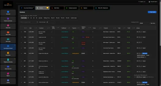 OrienOS invoice table: payment and delivery status badges per invoice, a per-invoice profit column, and one-click actions
