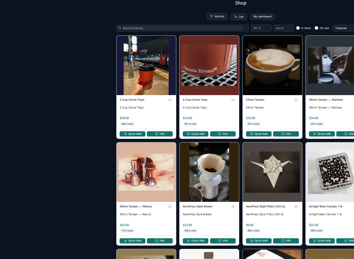 A storefront built with the OrienOS web builder: product grid with photos, prices and stock counts, search, wishlist, and cart