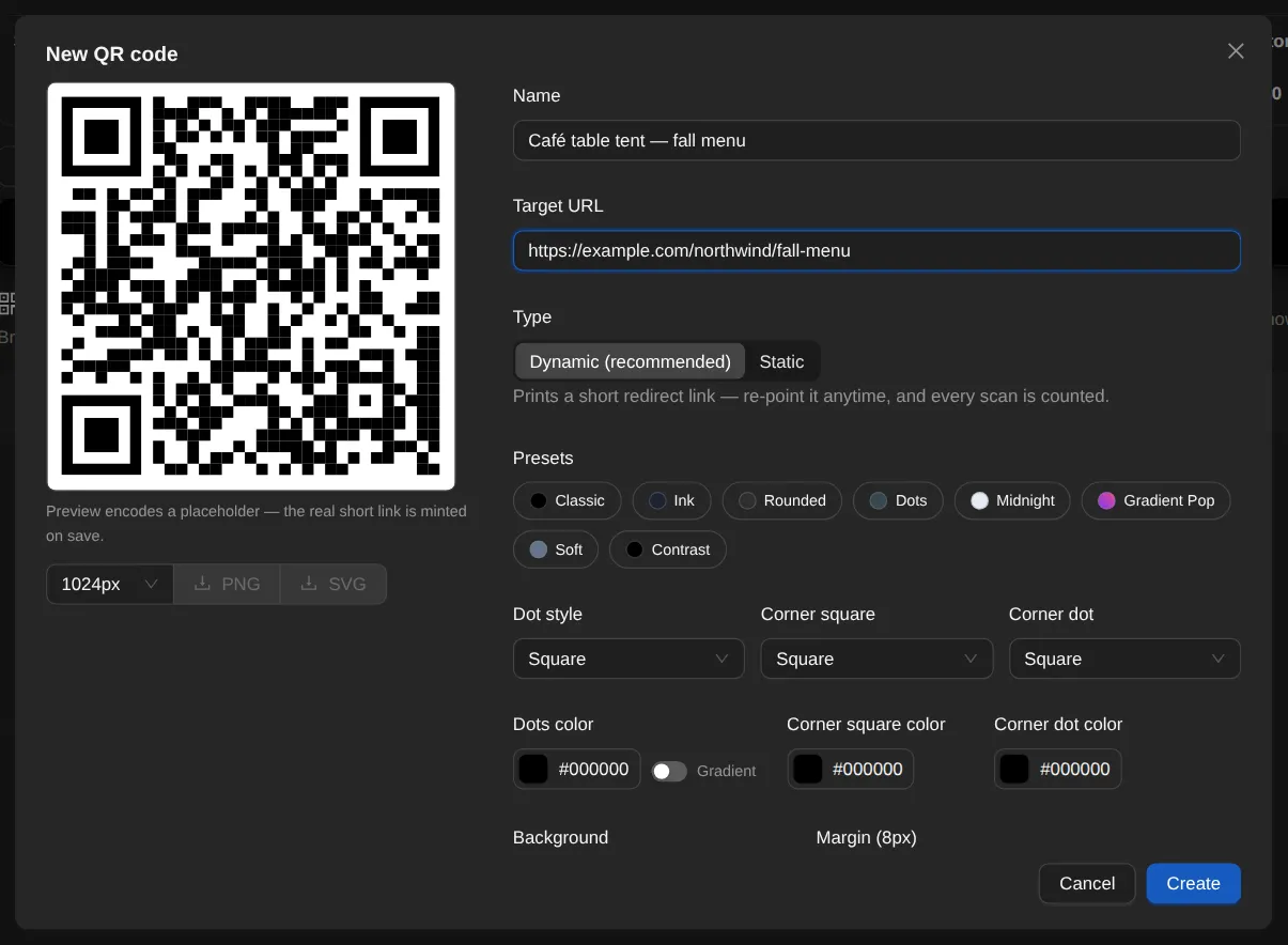 QR Studio's new-code dialog: a live QR preview, the code's name and target URL, a choice of dynamic or static, style presets, and dot and corner shapes and colors