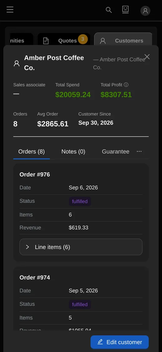 A customer's record on a phone: total spend, total profit, orders, average order and customer-since date, then their orders as cards