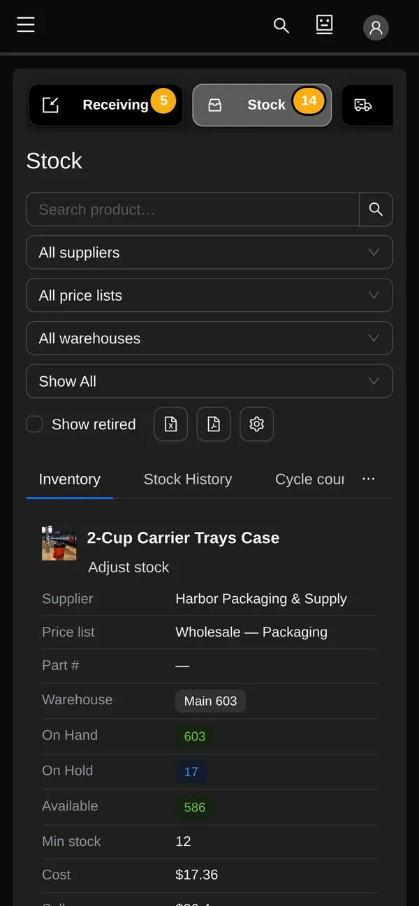 A product's stock card on a phone: supplier, price list, warehouse, units on hand, on hold and available, minimum stock and cost, with an Adjust stock link