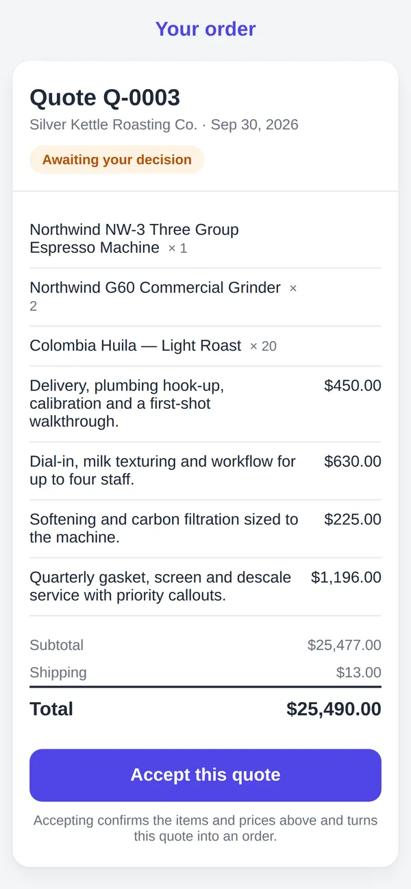 A customer's quote page on a phone: the quote's product and service lines with prices, a $25,490 total, and an Accept this quote button