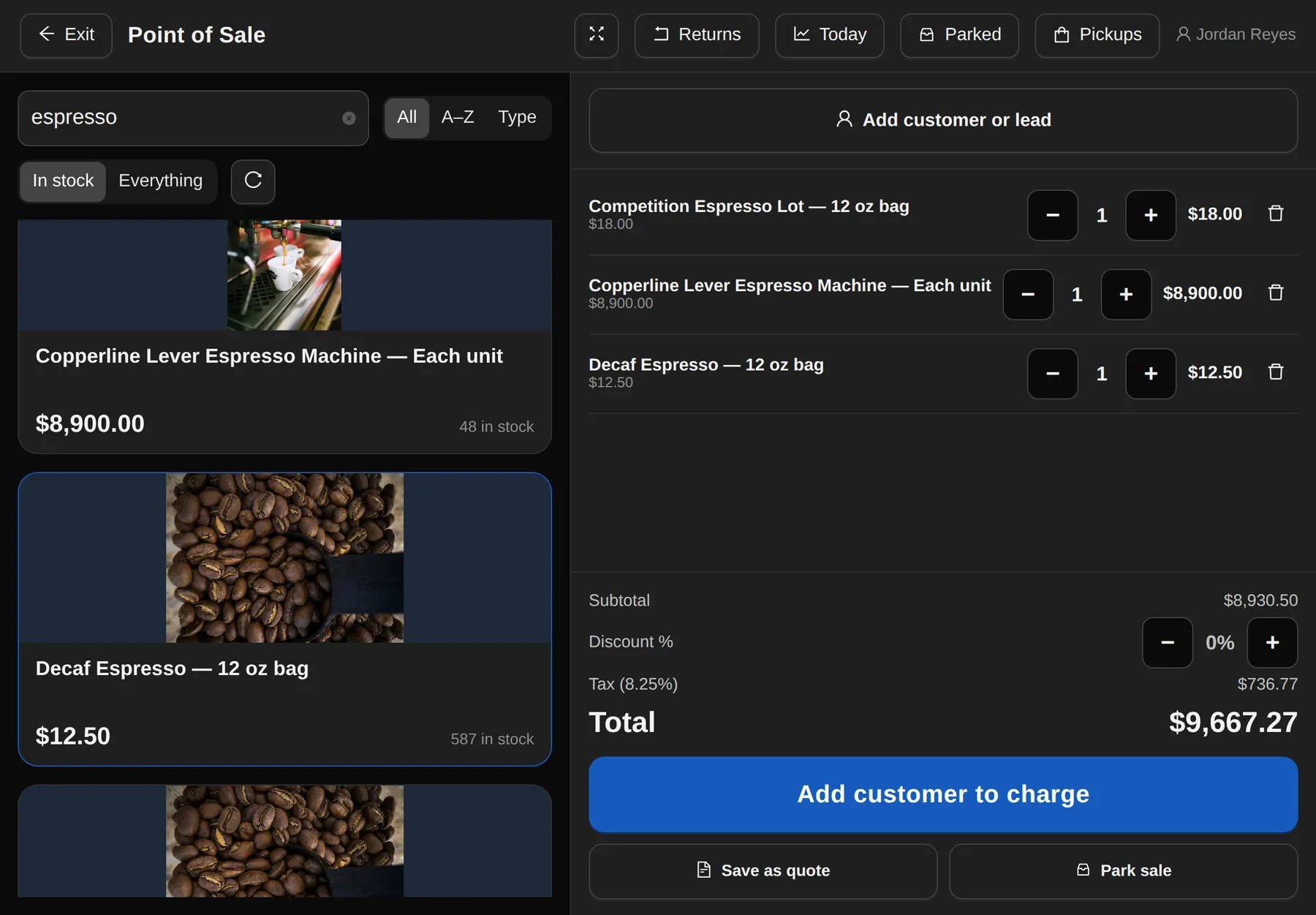 The point-of-sale register on a tablet in landscape: a product search with photo tiles on the left, and a three-item cart with a discount control, 8.25% tax, a $9,667.27 total and an Add customer to charge button on the right