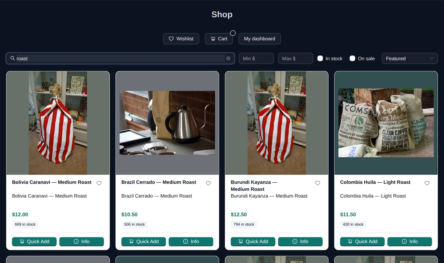 A storefront built with it: a search for roast, filters for price, stock and sale, and four coffee products with photos, prices, stock counts and Quick Add buttons
