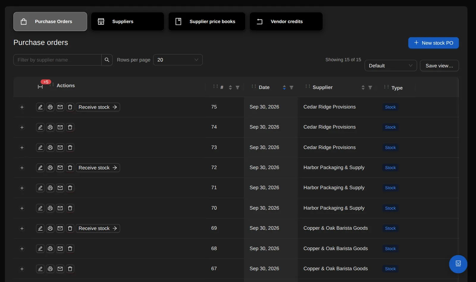 The purchase orders list: each PO's number, date, supplier and type, with a Receive stock action