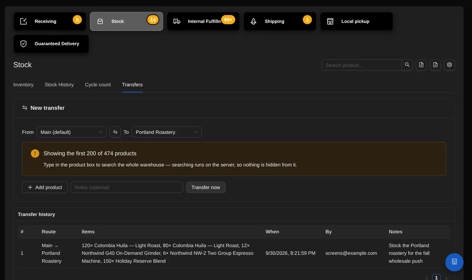 The transfers tab: a new transfer from the main warehouse to a second location, and the transfer history listing the route, the items moved, when, by whom, and a note