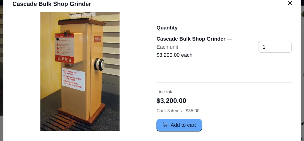A product's quick view in the store: photo, price each, a quantity box, the line total and an Add to cart button